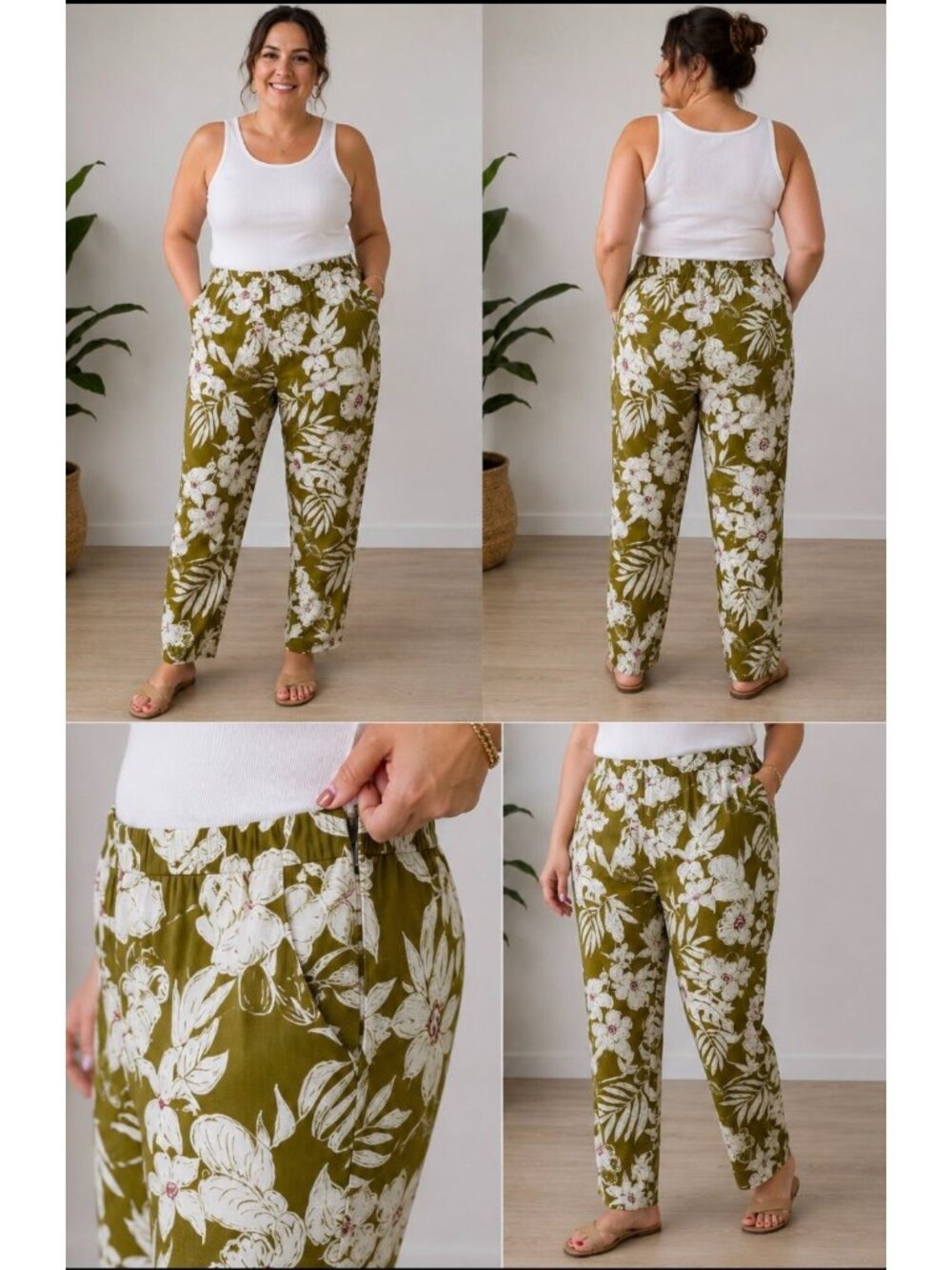 ZARA  Ankle Tapered Pants Floral Print Viscosa Linen Olive Elastic Waist XL NWT
